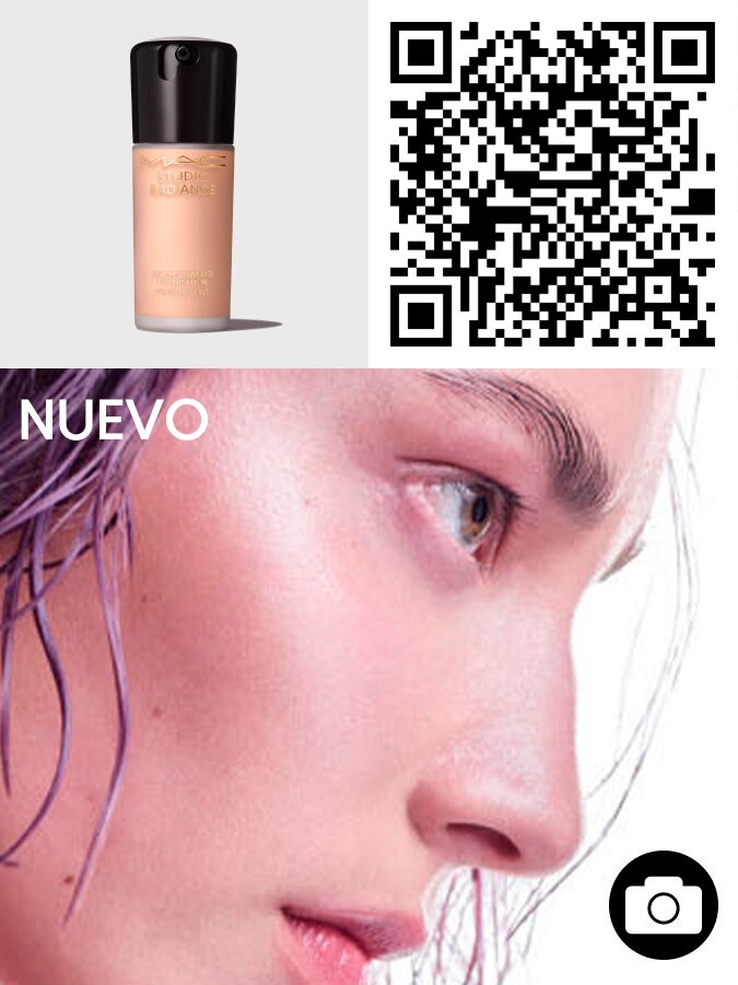 QR code and model's face for STUDIO RADIANCE SERUM-POWEREDTM FOUNDATION.